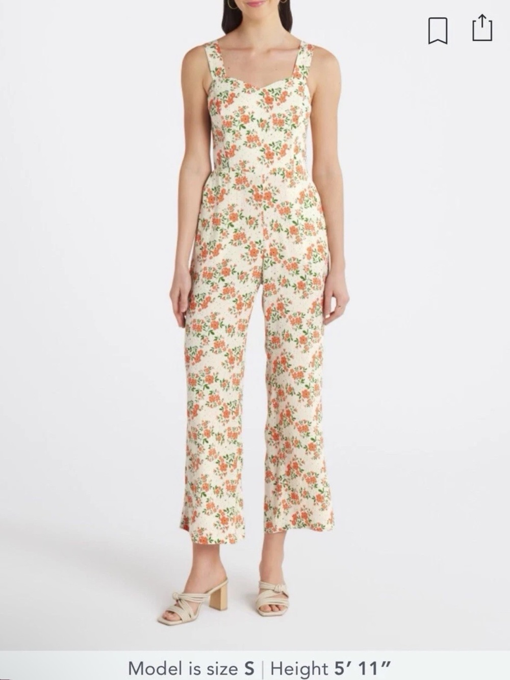 Market & Spruce Rayon Orange Floral Smocked Back Sweetheart Neckline Jumpsuit- S